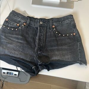Levi’s Black Denim Shorts women size 29 frayed hem silver studs​